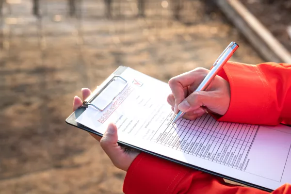  An inspector carrying out a risk assessment on a construction site. 